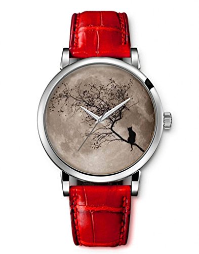 iCreat Montre Femme Quartz Bracelet Cuir Rouge Etanche - Arbre Sur Lune