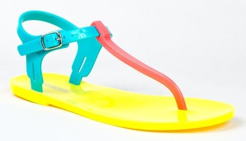 Soda IAN Colorblock Jelly Thong Slingback Flat Sandal,8 B(M) US,Salmon Yellow