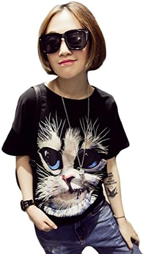 KM Women New Style Lovely 3D Cat Printing T-shirt Loose Shirt (Black)