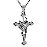 Stainless Steel Black Plated Tribal Cross on 24 Inch Black Ball Chain