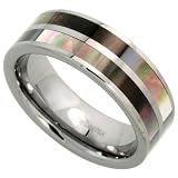 Tungsten Carbide 8 mm (5/16 in.) Comfort Fit Striped Flat Band, w/ 2 Rows Mother of Pearl Inlay