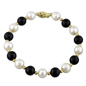 Pearl (Freshwater) and Onyx with 14K Gold Bead Bracelet by 