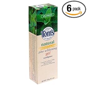Tom's of Maine Natural Antiplaque Plus Whitening Gel Toothpaste, Spearmint, 5.5-Ounce Tubes (Pack of 6)