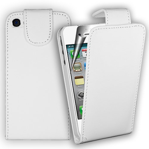 Apple Iphone 4 - 4S Quality White Slim Top Flip Leather Case Cover Includes Screen Protector And Polishing Cloth
