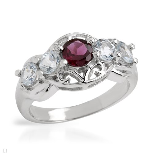 Sterling Silver 0.65 CTW Rhodolite Garnet and 1 CTW Aquamarine Ladies Ring. Ring Size 8. Total Item weight 5.0 g.
