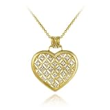 18K Gold over Sterling Silver Champagne Diamond Accent Quilted Heart Pendant