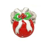 Silvertone Red, Green and White Christmas Ornament Beaded Stretch Fashion Ring