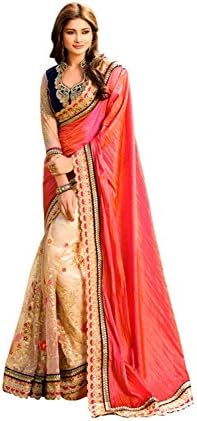 Prach Store Exclusive Designer Wedding Pink,Cream Color Saree Sari MONA-302