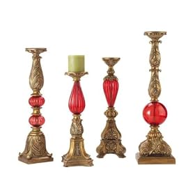 Set of 4 Rich Antique Style Gold and Red Pillar Candle Holders by CC Home Furnishings