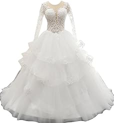 Long Sleeves Tulle Lace Applique Sheer Illusion Wedding Dress 