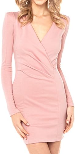 Mantos Women's Long Sleeve V Neck Cross Ruched Front Bodycon Dress