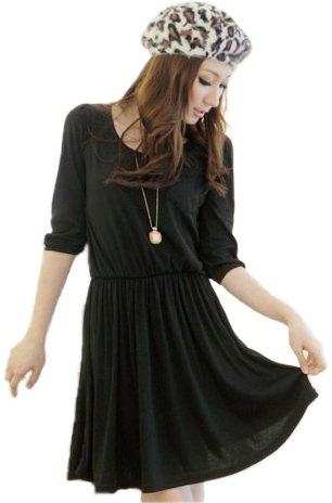 （アンフィニ） infini 7分袖ブラウジング ラウンドネック ワンピース ブラック フリーサイズ