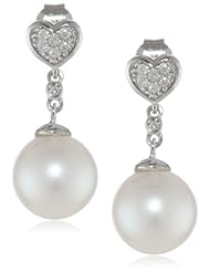 Sterling Silver Freshwater Cultured Pearl and Diamond Drop Earrings, (0.1 cttw, G-H Color, I2-I3 Clarity)