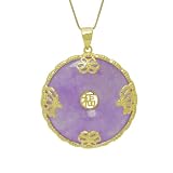 Gold Plated Sterling Silver Lavender Jade Medium Disc Pendant with Butterflies and Good Luck Character on Chain, 18