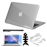 Premium Skque Clear Hard Plastic Crystal Case + 13.3 Inch Series LCD Screen Protector + Black Stylus Pen + Fisn Bone Holder + White Headset Earphone for Apple MacBook Air 13.3