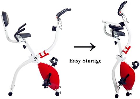 Tauki Indoor Folding Magnetic Upright Bike with LCD Monitor and with Backrest, Red