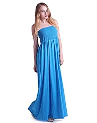 Strapless Floor Length Summer Bandeau Neck Cotton/Spandex Shirred Maxi Dress 