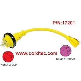 Conntek 1.5FT Marine Shore power Pigtail Adapter 30A Marine Plug to 15A US 3 Prong Outlet. UPS ships same day 17201