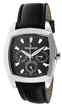 Peugeot mens oval shap silver-tone multi-function watch. Grey dial and black genuine leather strap