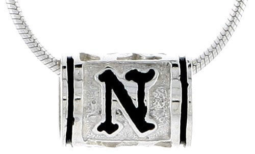 Hawaiian Theme Sterling Silver Black Enamel, Initial N Barrel Bead Pendant, 7/16 (11mm) wide