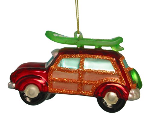 Red Blown Glass Vw Van Woody and Surfboard Christmas Ornament Red Blown Glass Vw Van Woody and Surfboard Christmas Ornament