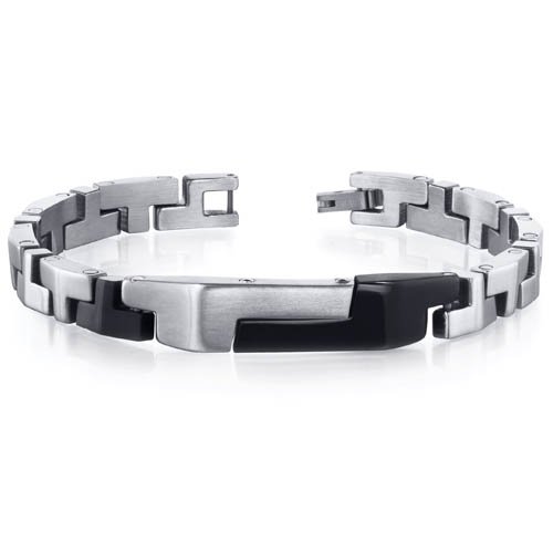 Mens Brushed and Black Plated T Link Stainless Steel Bracelet