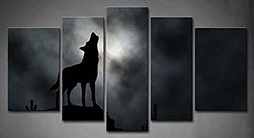 Flora Woods Painting 5 Panels Illustrated Silhouette Of A Howling Wolf With Moonlit Clouds Background Trees Rock Painting Print On Canvas Animal Picture Modern Painting