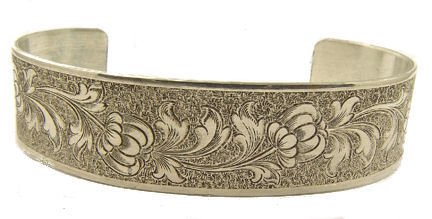 Victorian Style Sterling Silver Floral & Foliate Engraved Cuff Bracelet