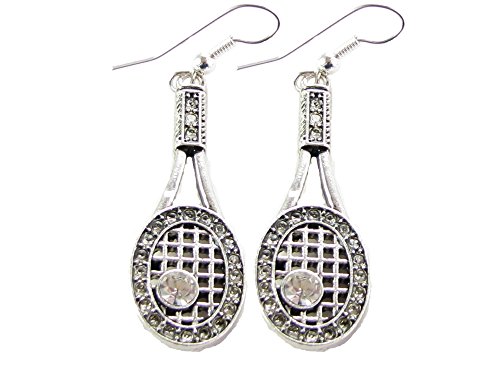 Tennis Racquet & Ball Clear Crystals Fashion Dangle Earrings