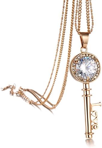 Geminis Fashion Jewelry Classical Inlay Rhinestone Rose Gold "Love" Key Long Pendant Necklace Lady's Sweater Necklaces