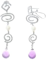 10.94CTW 14K White Gold Genuine White Pearl / Amethyst and Diamond Dangling Earrings