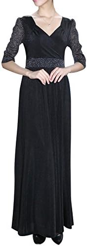 YBZ Women V-Neck Empire Waist Half Sleeve Sequin Long Formal Dress Black 2XL
