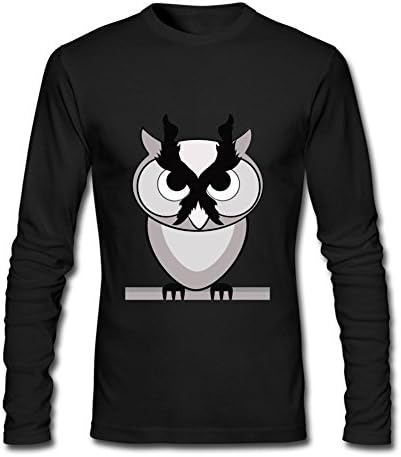 XLKHGF Funny Owl Cartoon Drawing Mens 100% Cotton Round Neck Custom Long Sleeves T-shirt Black