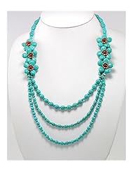 Flower Cotton Waxed Thread Turquoise Necklace In Brass
