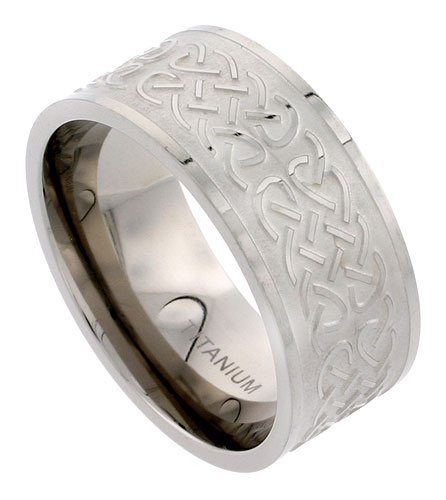 Titanium 10 mm (3/8 ) Flat Comfort Fit Band with Polished Celtic Knot work on Frosted Background