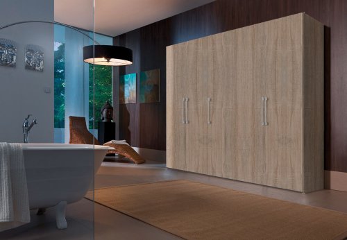 5-trg. Drehtürenkleiderschrank in Sonoma Eiche-Nachbildung, alufarbene Bügelgriffe, 3 Wäscheböden und 3 Kleiderstangen, Maße B/H/T ca. 250/236/58 cm