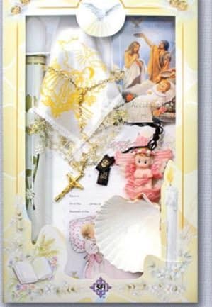 Boy's English Baptism Gift Set Includes, Gift Rosary, Decorative Candle, Baptism Shell, Handkerchief, Scapular