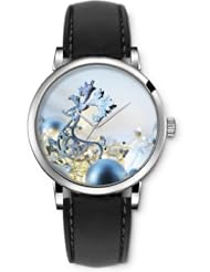 SPRAWL Aanalog Fashion Series Silver Ladies Watches of Genuine Black Leather Strap,Unique Wrist Watch for Women Girls Designed with Christmas decorations