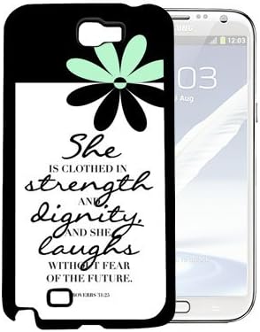 Proverbs 31:25 Bible Verse with Mint and Black Daisy Flower Hard Snap on Phone Case Cover (Samsung Galaxy Note II 2 N7100)