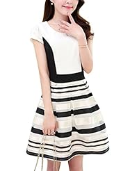 Striped Print Cap Sleeves Colorblocking Round Neck Chiffon/Organza/Polyester  Dress