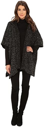 Bobeau Textured Poncho w/Hood in Black Pattern