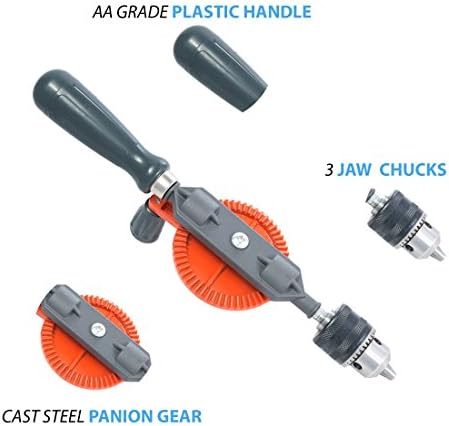 Powerful and Speedy, Manual ¼ inch Mini Hand Drill with Finely Cast Steel Single Pinion Gear Design, 3 Jaw Chucks and Grip Handle Easily Bores Precision Holes into Wood, Metal, Plastic and Fiberglass