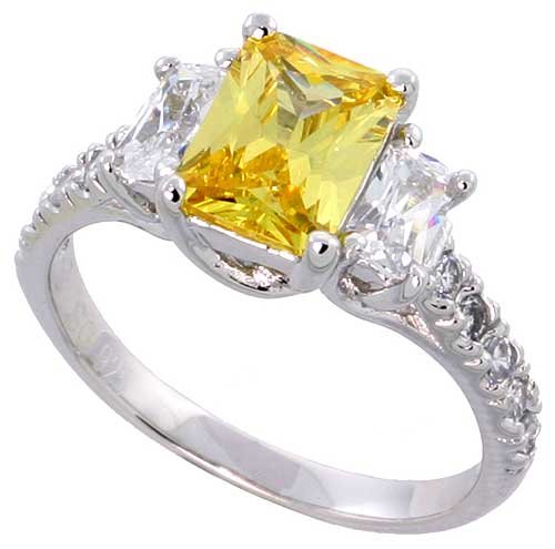 Sterling Silver Vintage Style Engagement ring, w/ two 5 x 3 mm (.25 ct) & one Yellow Topaz-colored 8 x 6 (1.5 ct) Emerald Cut CZ Stones, 5/16″ (9mm) wide, size 6