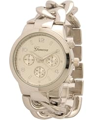 Thick Chain Link Boyfriend Face Watch with 3 Subdials - Silver