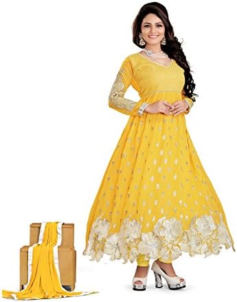 Fab Ikshvaku Women's Georgette Heavy Designer Dress Material Free Size Yellow