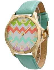Womens Geneva Large Gold Trim Multi Color Chevron Style Leather Watch - Mint