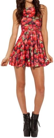 Summer Pleated Knee-length Digital Print Strawberries pattern Reversible Skater Dress