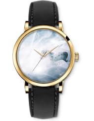 SPRAWL Aanalog Fashion Series Gold Ladies Watches of Genuine Black Leather Strap,Unique Wrist Watch for Women Girls Designed with Horse under maya