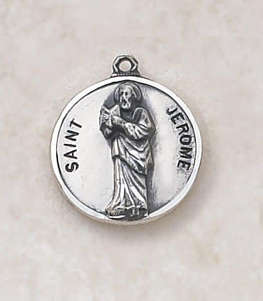 Sterling Silver St. Jerome with 20" Chain, 3/4" Diam. Catholic Saint Jerome, Doctor of the Church, Patron Saint of Librarians, Students, Translators, Archeologist, Archivists, Bible Scholars, Libraries, Schoolchildren