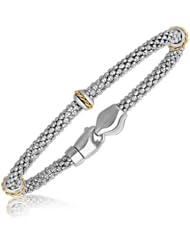 18K Yellow Gold and Sterling Silver Popcorn Bracelet with Cable Style Stations
